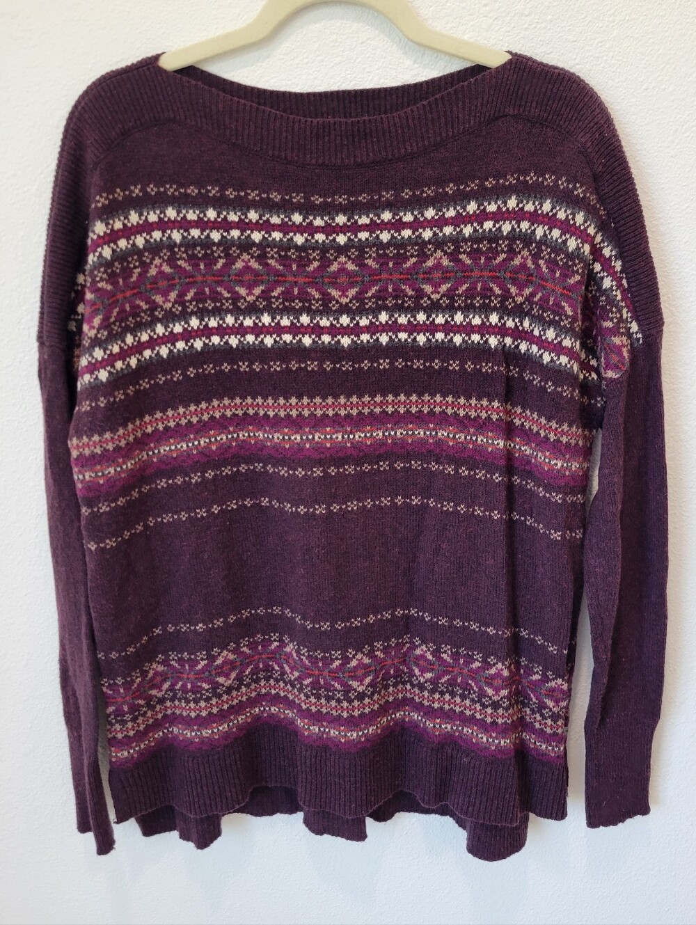 Eddie Bauer Womens XS Fair Isle‎ Merino Wool Blend Sweater Burgundy Plum